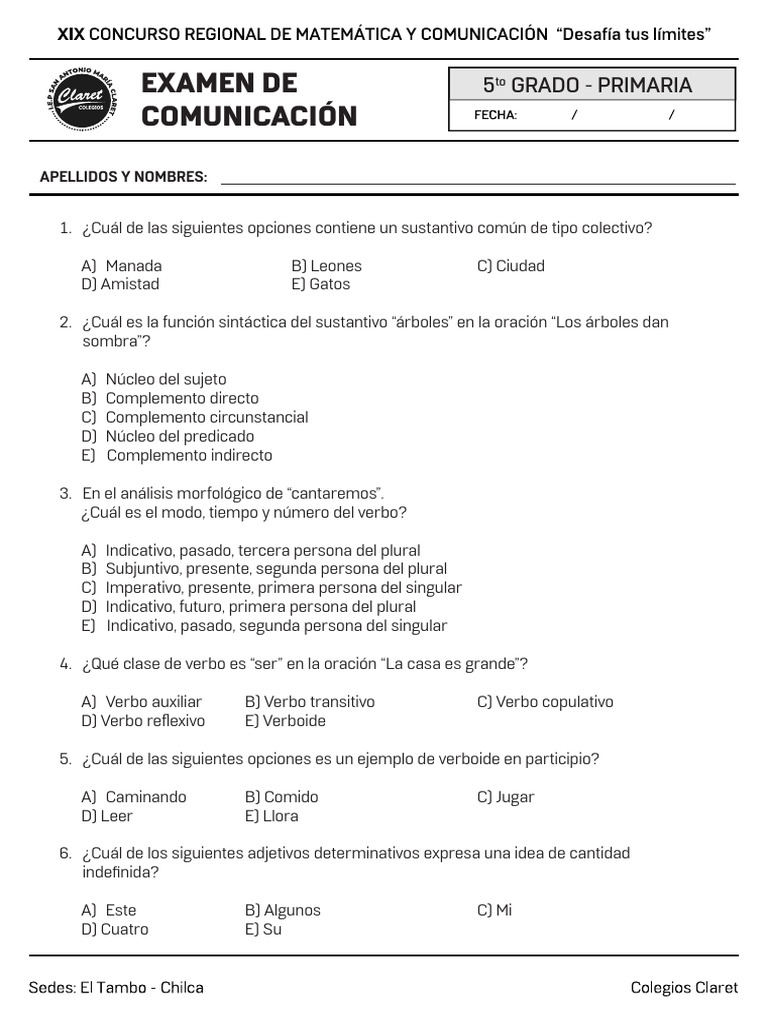 Examen de Comunicación 5to Grado Primaria | PDF | Verbo | Adjetivo