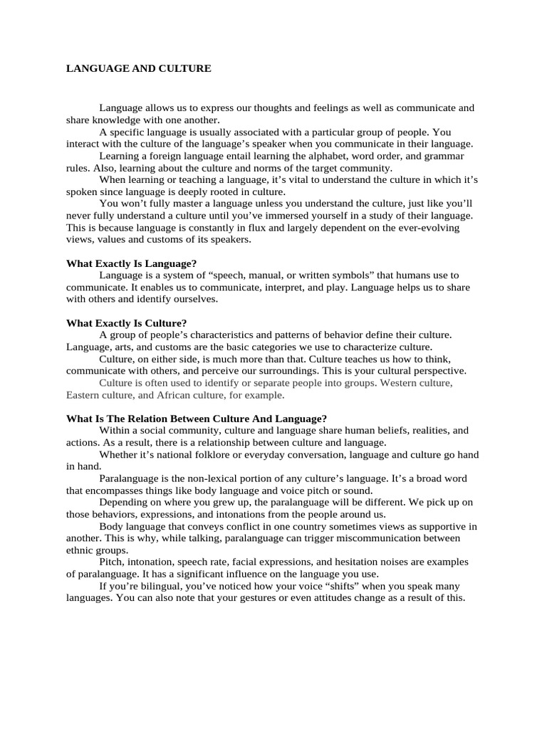 Language and Culture Interconnection | PDF | Thought | Body Language