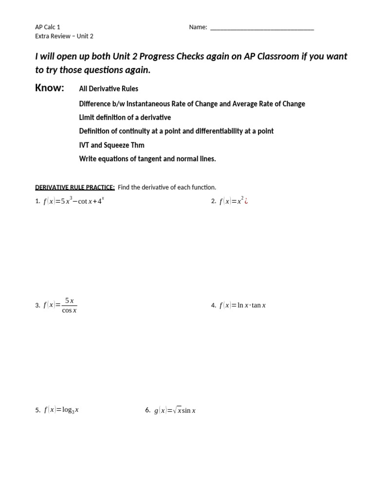 AP Calculus Unit 2 Review Guide | PDF