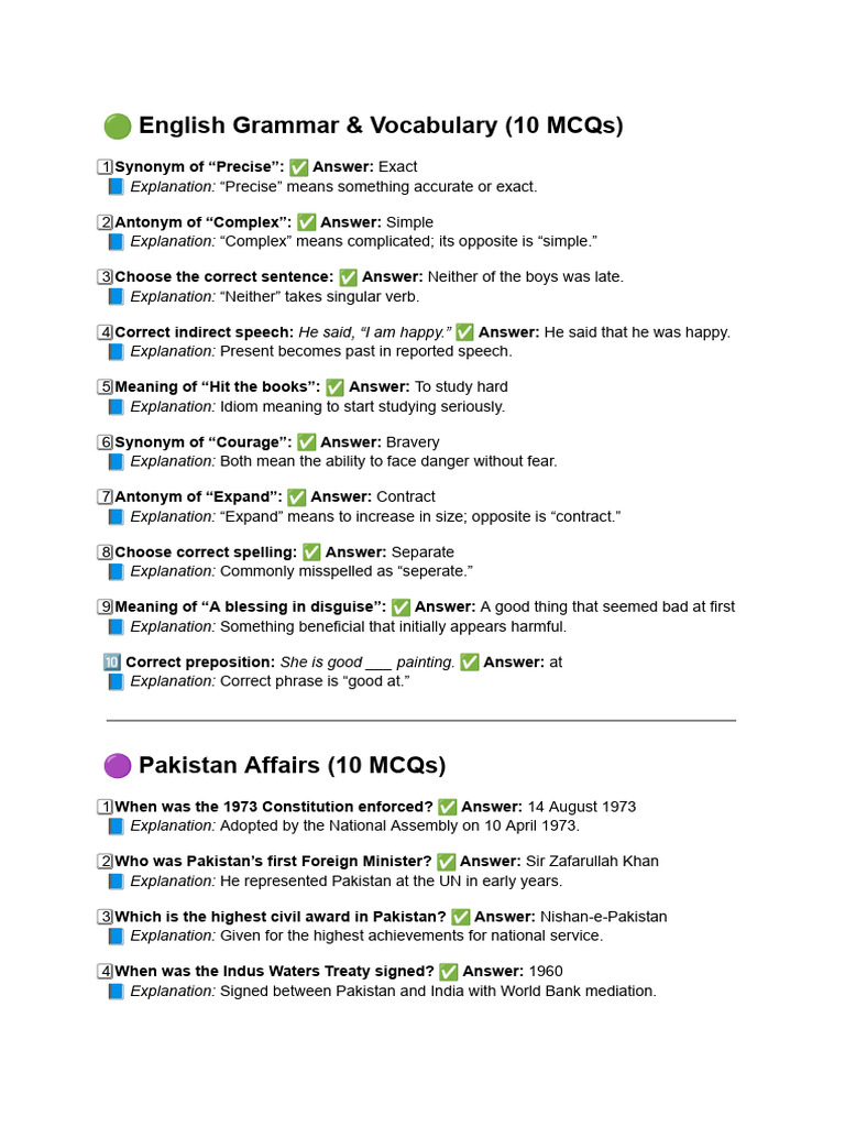 English Grammar, Pakistan Affairs & General Knowledge MCQs | PDF ...