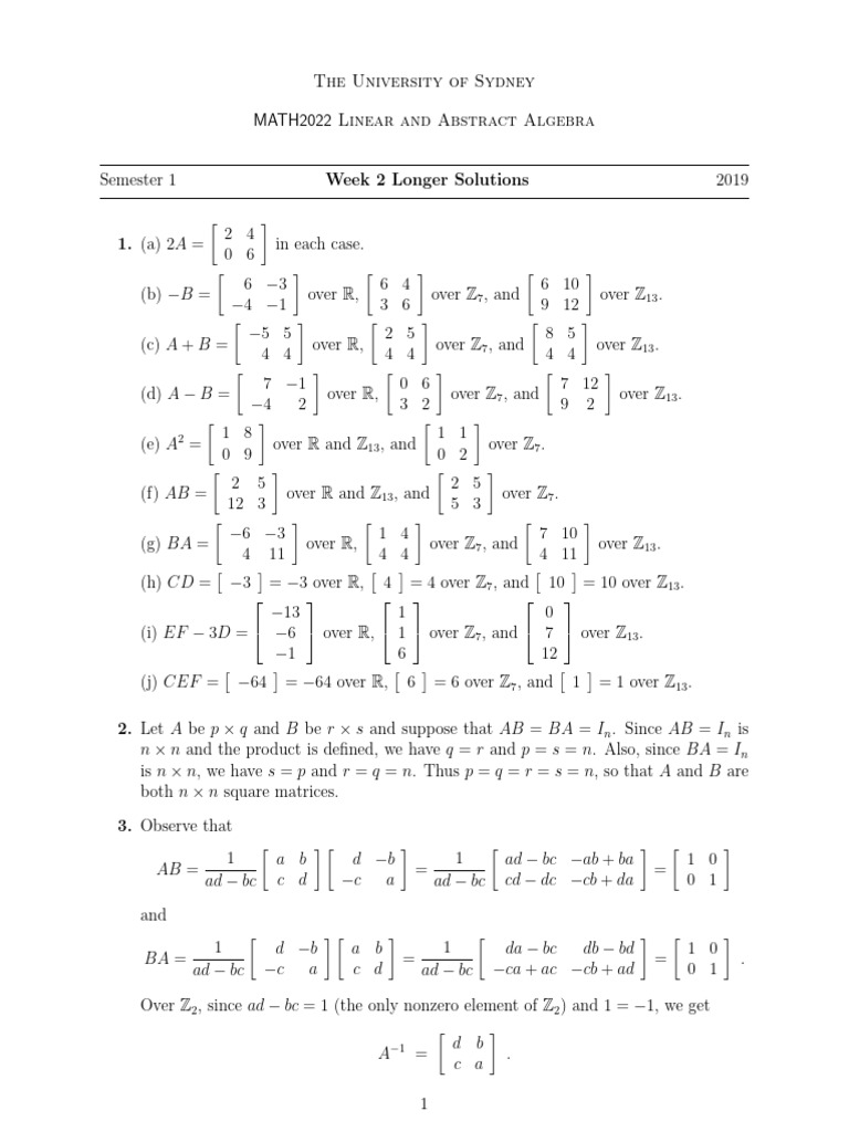 Linear Algebra Solutions Week 2 - 2019 | PDF | Functions And Mappings ...