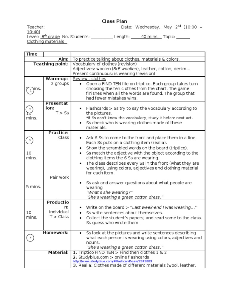 Class Plan - Clothing Materials | PDF