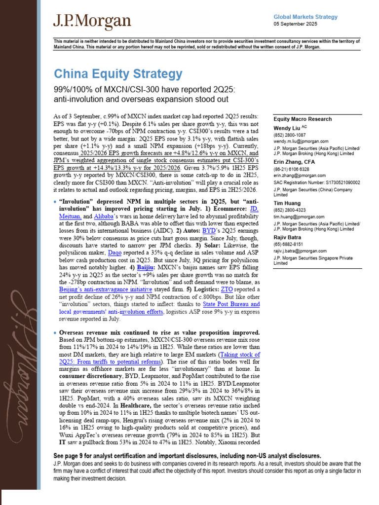 J.P. Morgan-China Equity Strategy 99% 100% of MXCN CSI 300 Have Reported  2Q25 Anti Involution and Overseas Expansion Stood Out-250905 | PDF |  Financial Analyst | Securities Research