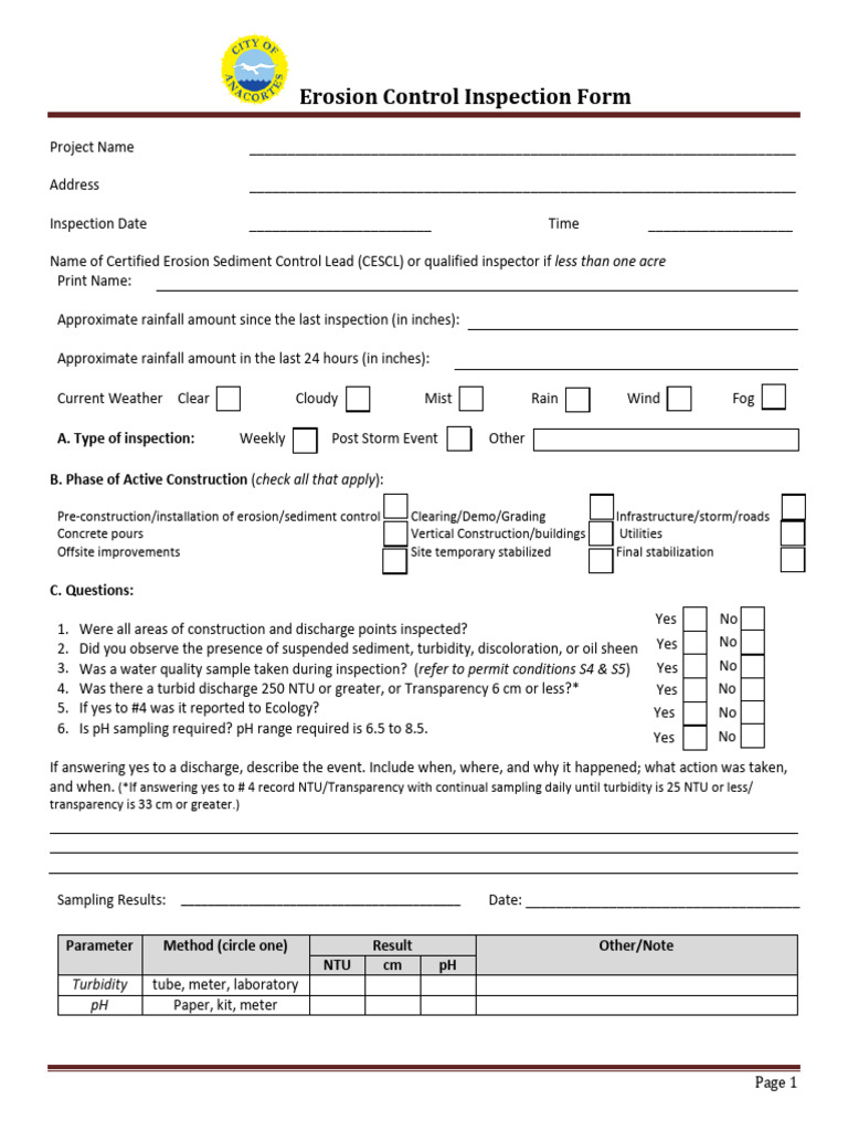 Erosion Control Inspection Checklist | PDF | Stormwater | Storm Drain