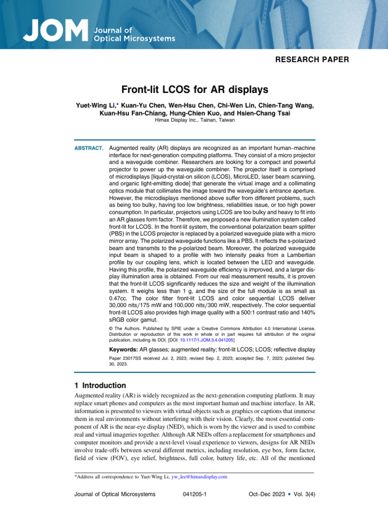 Front-lit LCOS for Compact AR Displays | PDF | Augmented Reality | Optics