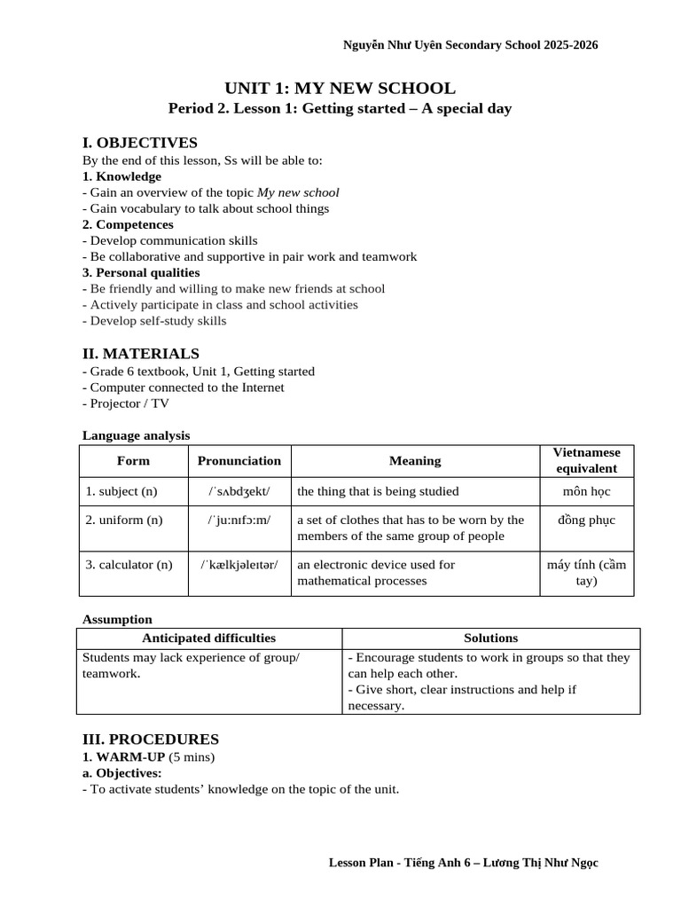 Lesson Plan: My New School Unit 1 | PDF | Lesson Plan | Teachers