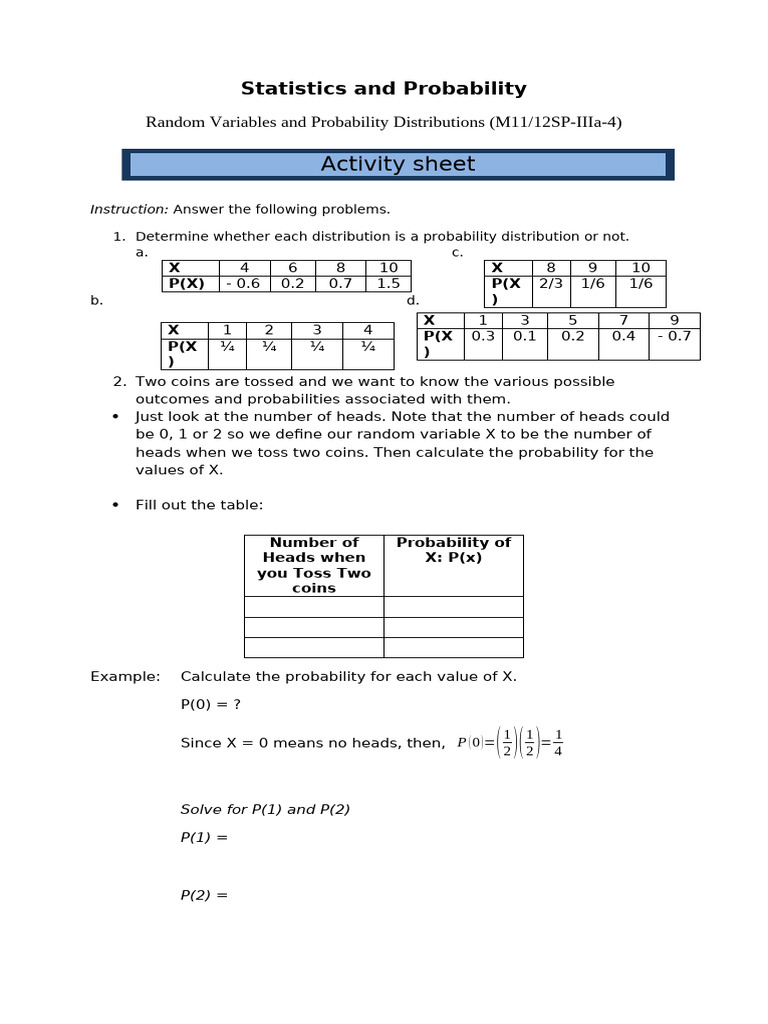 Activity Sheet | PDF | Probability Distribution | Probability