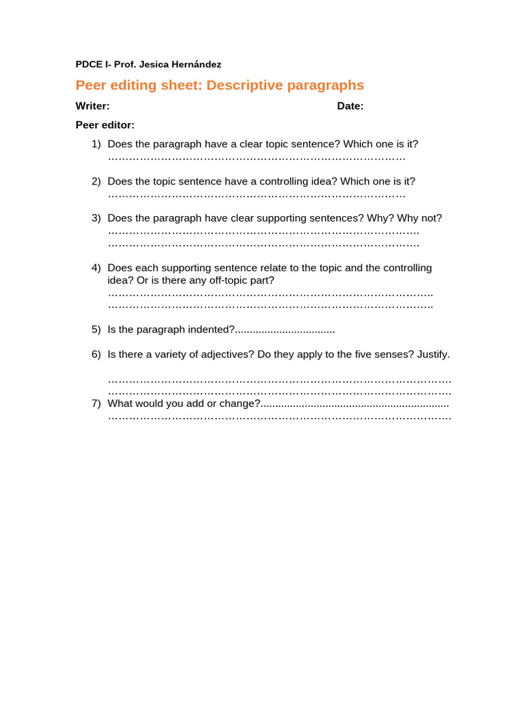 Descriptive Paragraph Peer Editing Guide | PDF