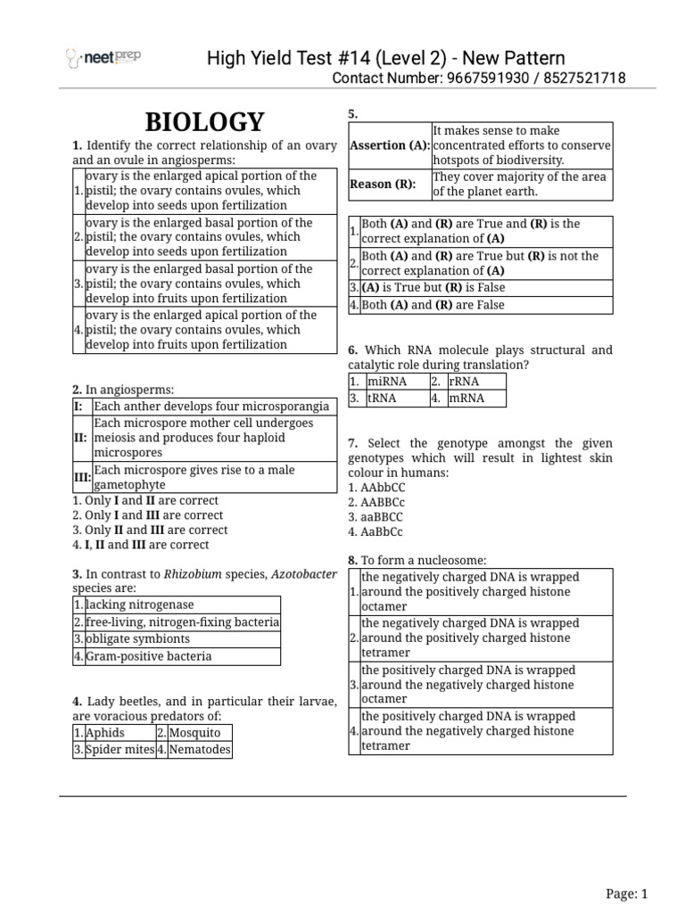 Biology High Yield Test Questions | PDF | Epithelium | Zygosity