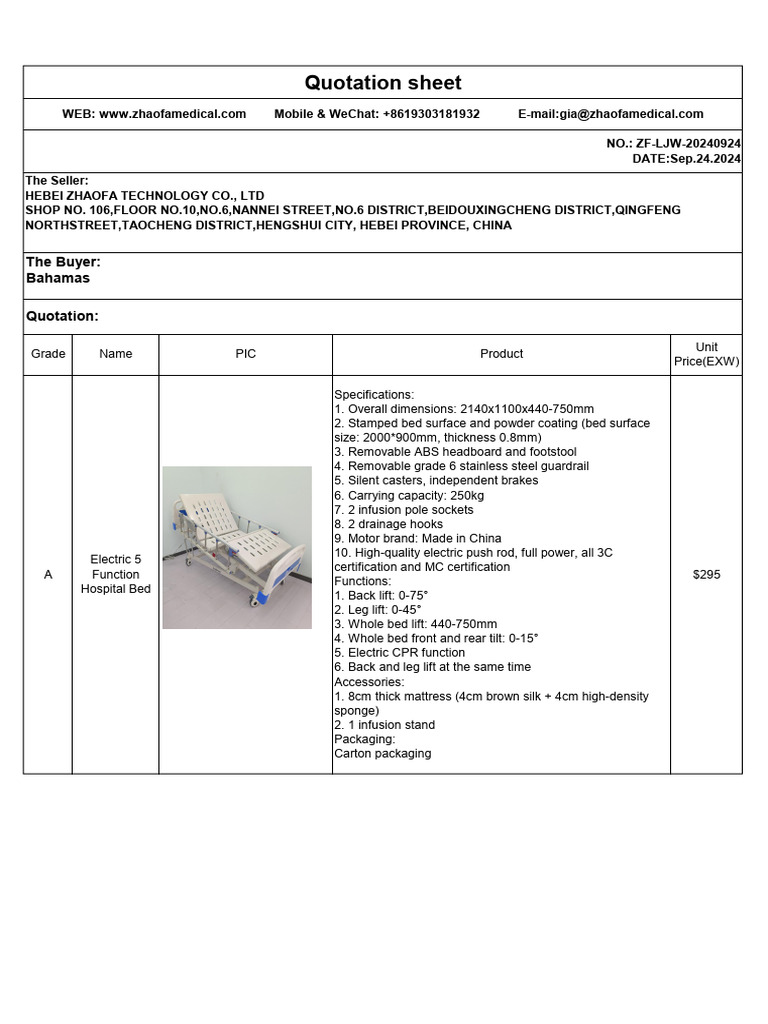 Electric Hospital Bed Quotation Sheet | PDF