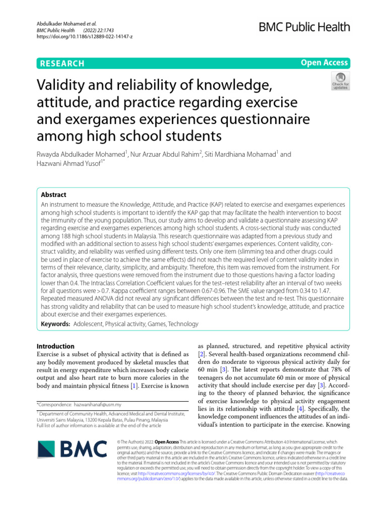 KAP Questionnaire on Exercise in Teens | PDF | Cronbach's Alpha ...