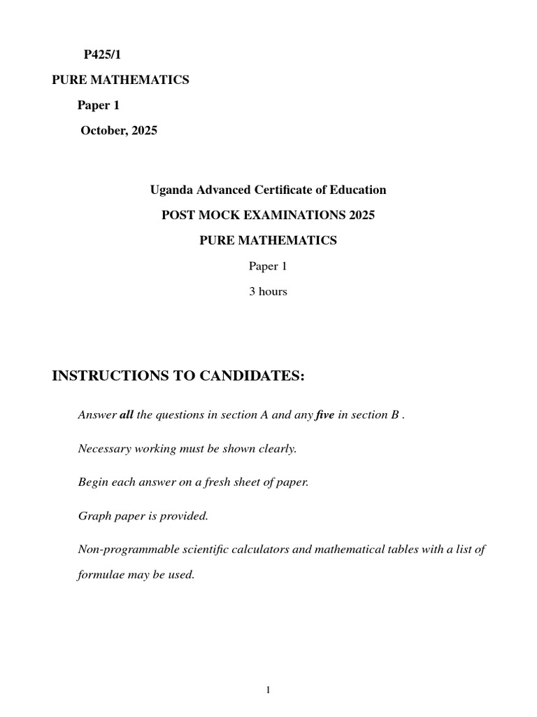 UACE 2025 Pure Mathematics Mock Exam | PDF | Ellipse | Mathematical Objects