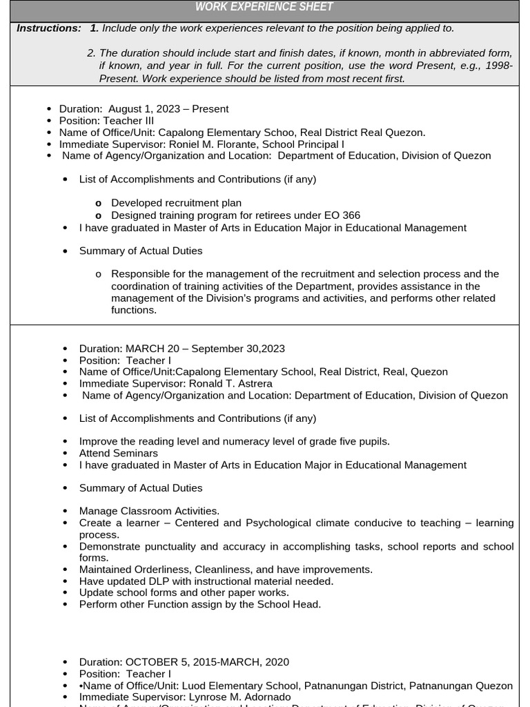 Work Experience for Education Professionals | PDF | Teachers ...