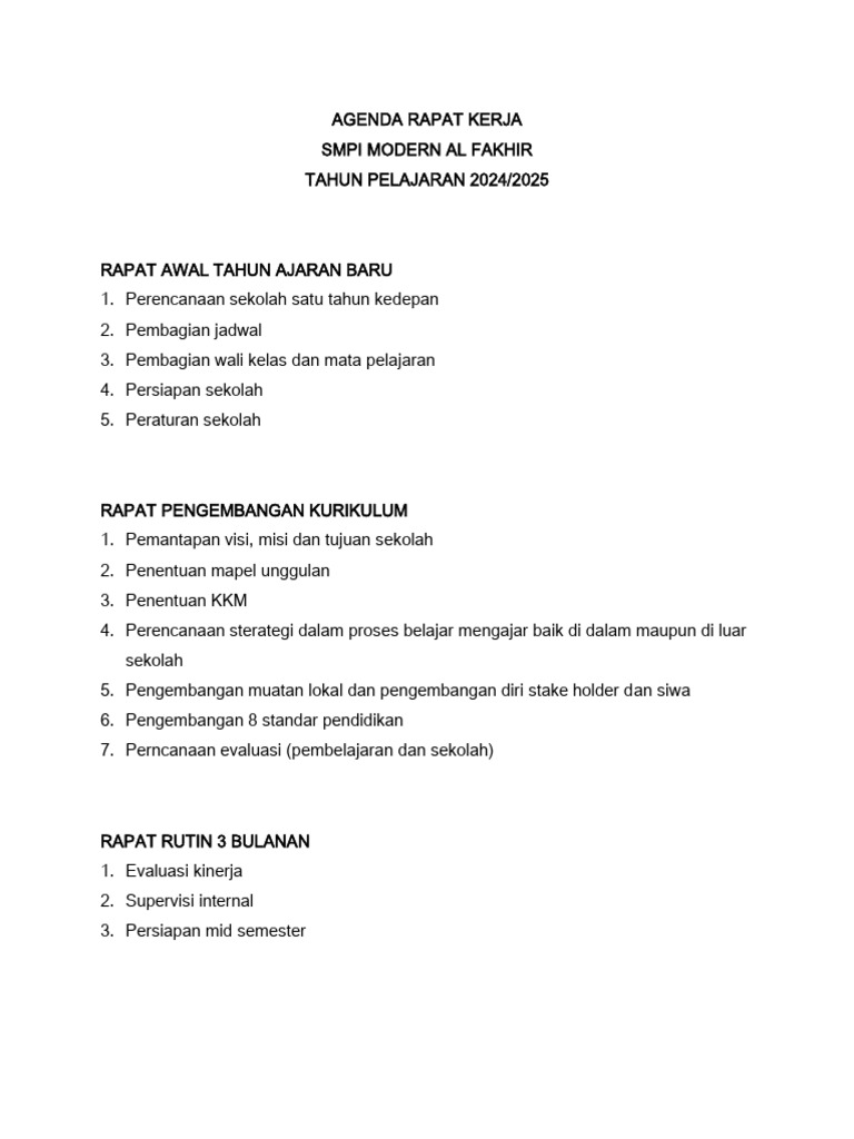 Agenda Rapat Kerja SMPI Al Fakhir 2024/2025 | PDF