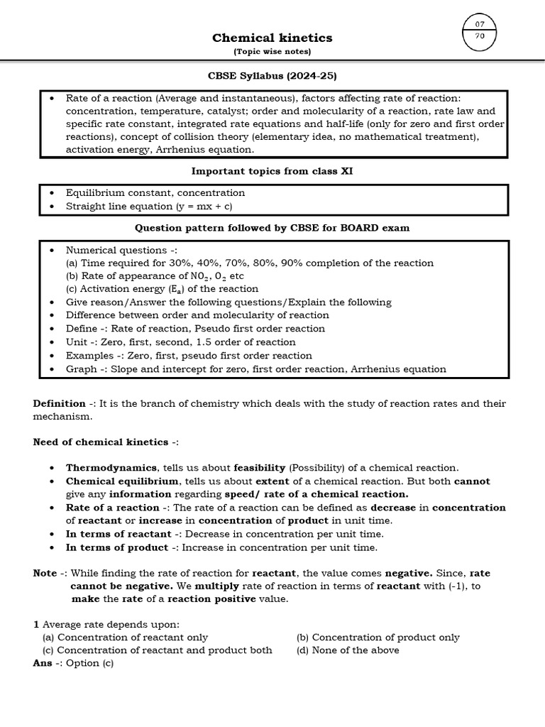 Chemical Kinetics Study Guide 2024-25 | PDF | Reaction Rate ...