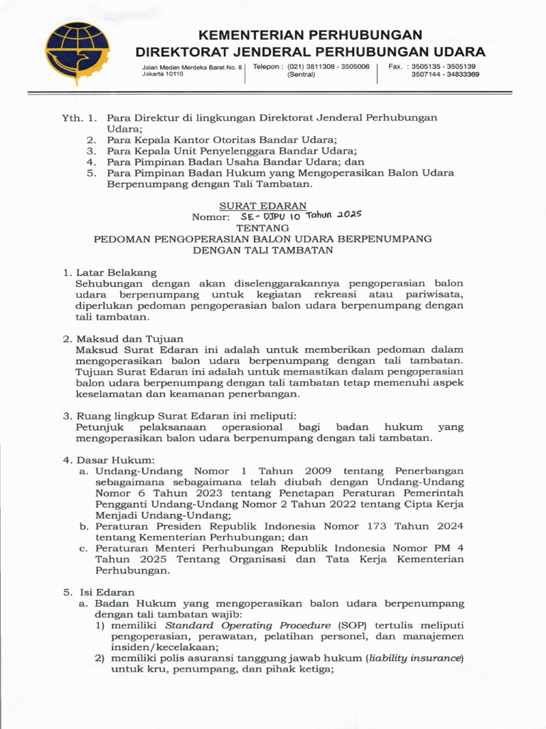 SE-DJPU 10 Tahun 2025 - Pedoman Pengoperasian Balon Udara Berpenumpang ...