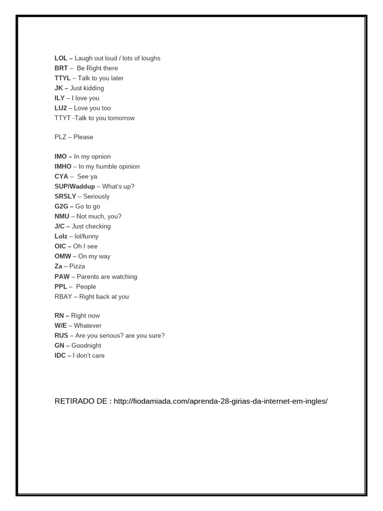 28 Gírias Usadas Na Net em Inglês | PDF