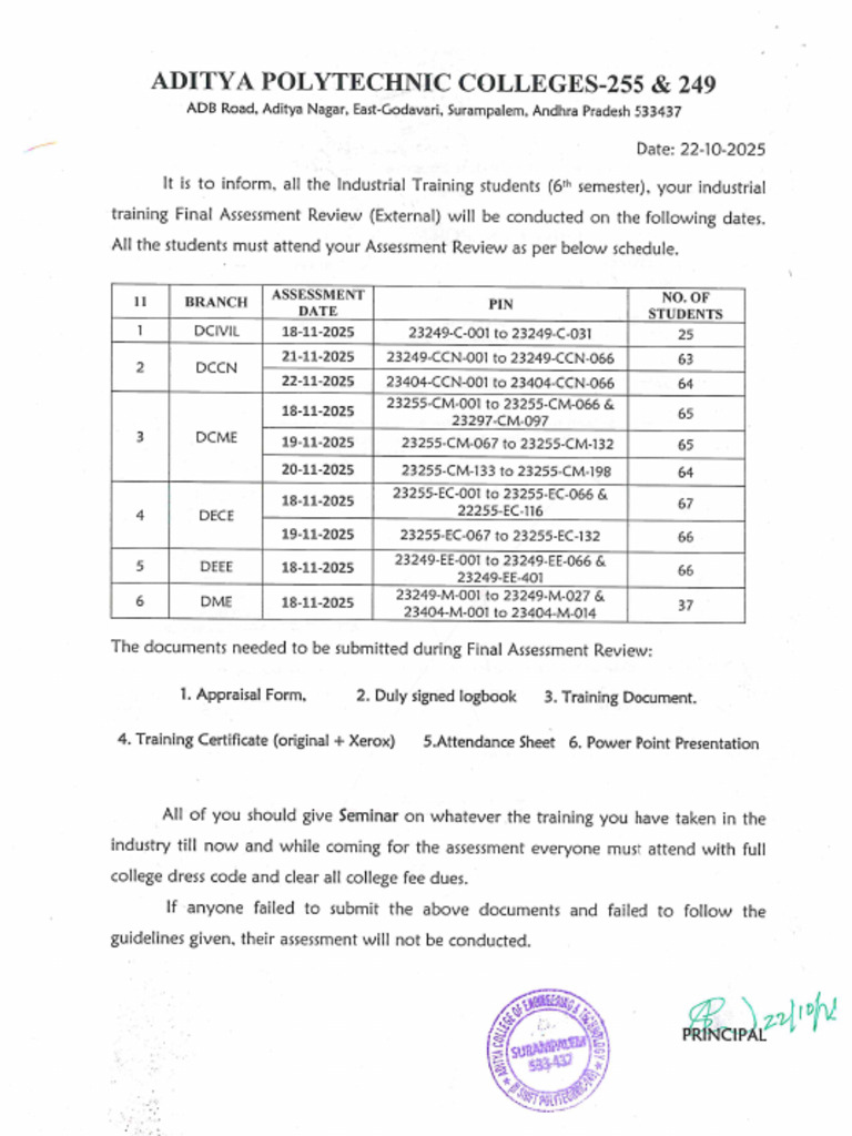 Industrial Training Final Assessment Schedule | PDF