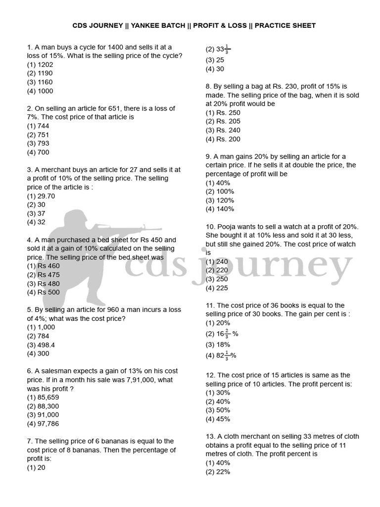 Profit & Loss Practice Questions | PDF | Percentage | Prices