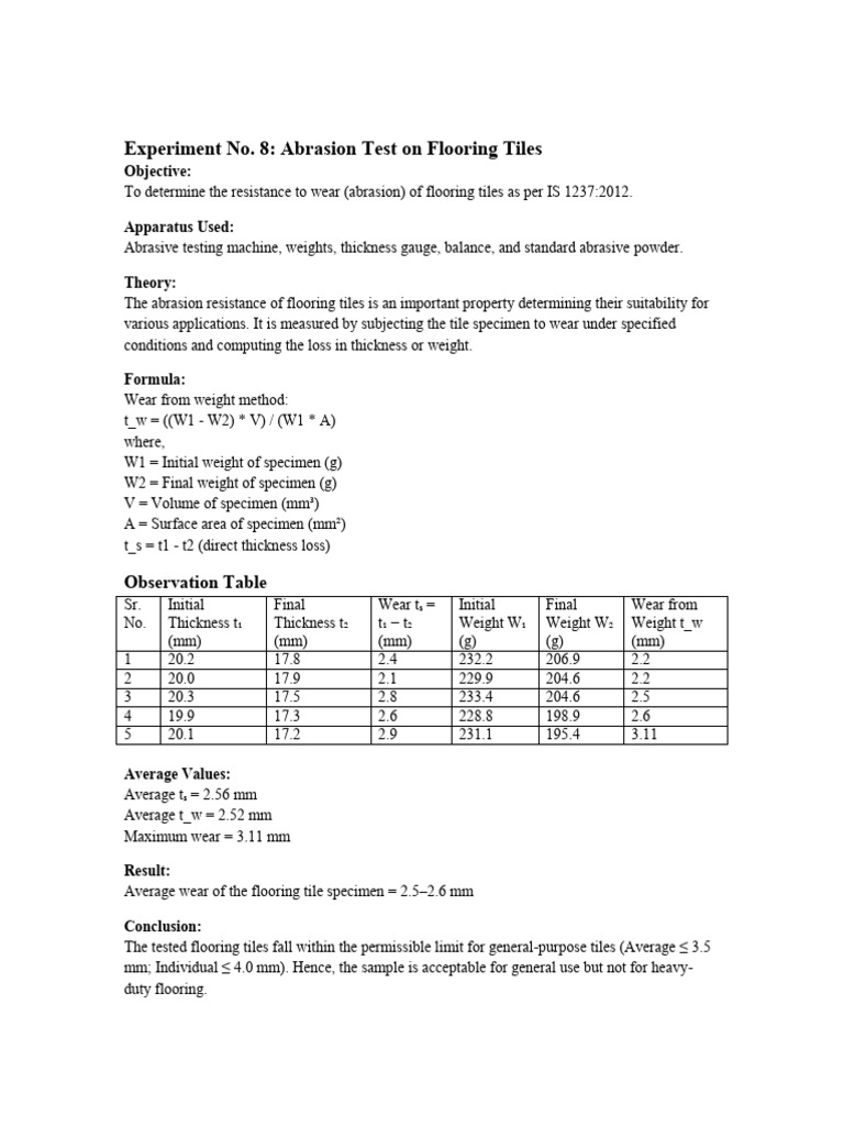 Abrasion Test On Flooring Tiles Readings | PDF
