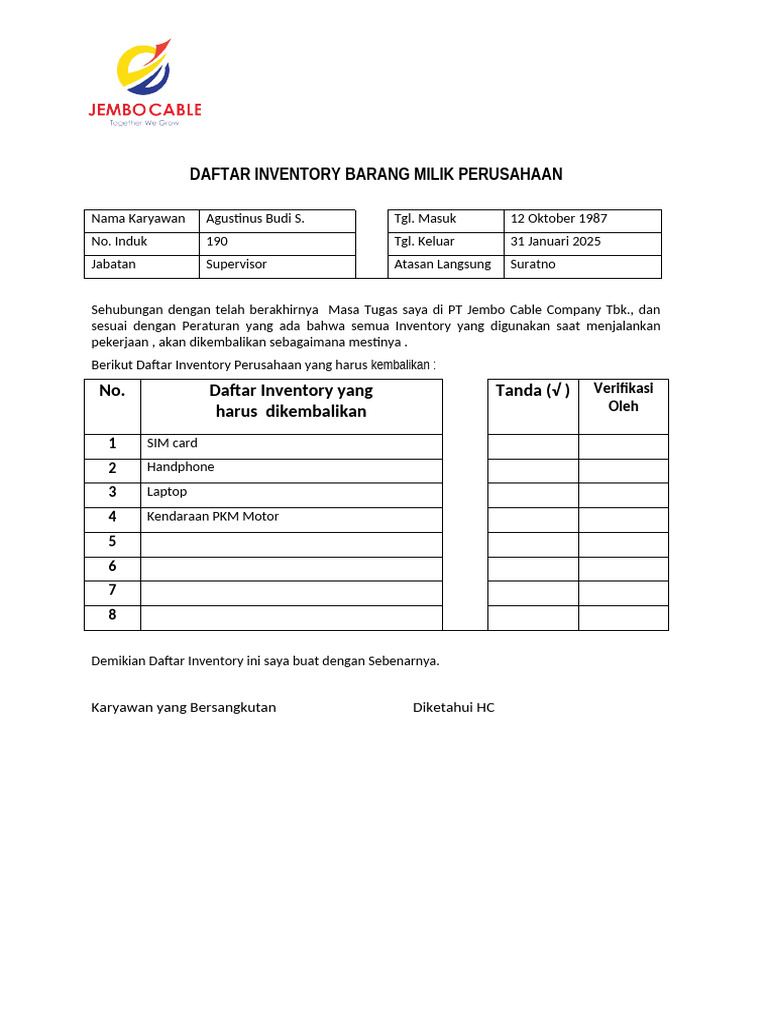 Daftar Inventory Kembali Karyawan PT Jembo | PDF