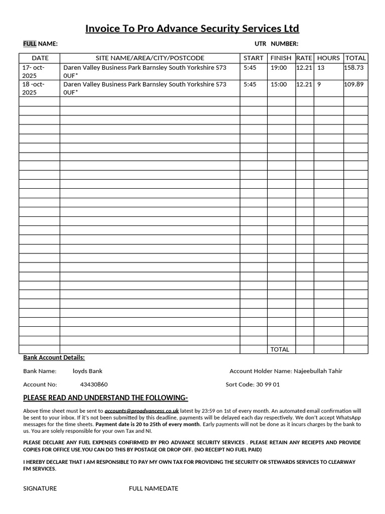Invoice for Pro Advance Security Services | PDF