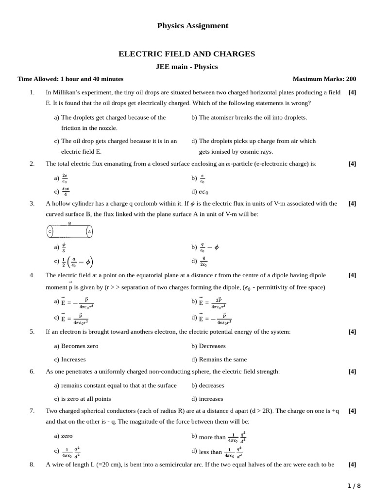 Electric Field and Charges: JEE Physics Assignment | PDF | Electric ...