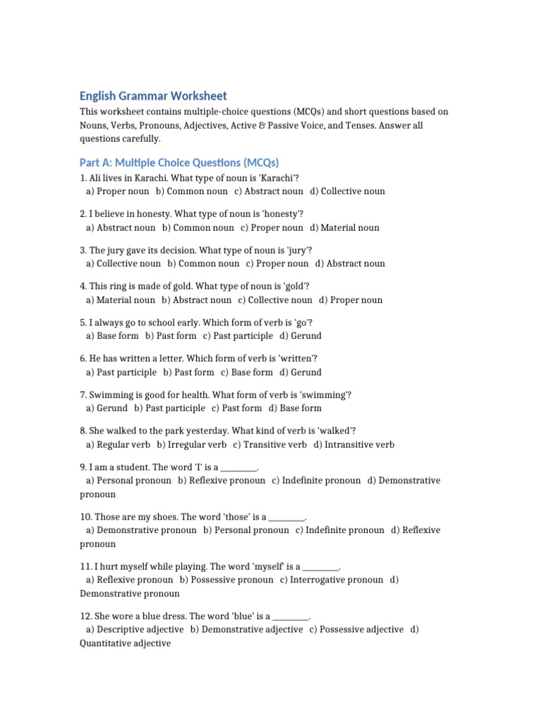 English Grammar Worksheet | PDF | Verb | English Grammar
