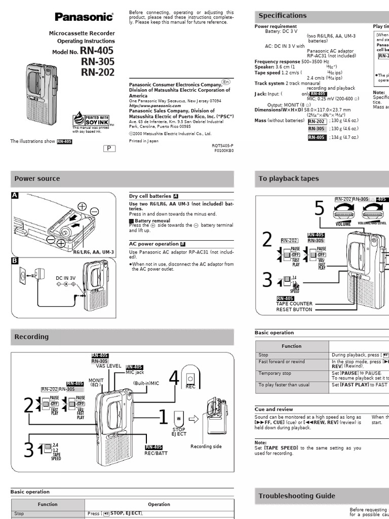 Panasonic RN-305 Microcassette Guide | PDF | Electricity | Electronics