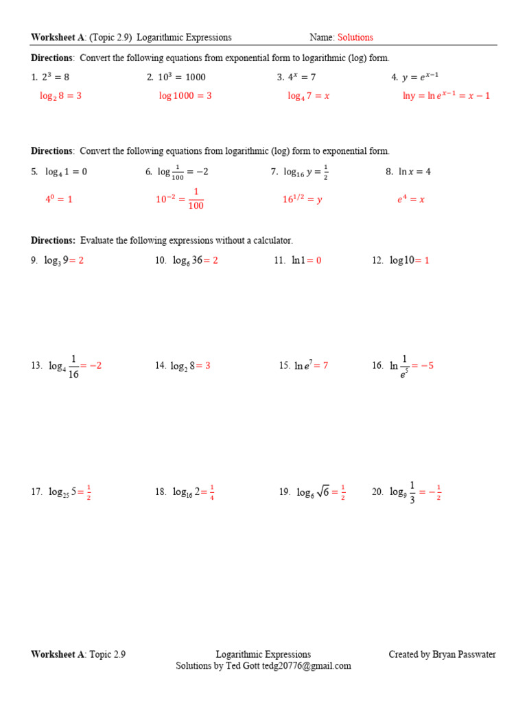 Worksheet A Key Topic 2.9 Log Expressions | PDF | Logarithm