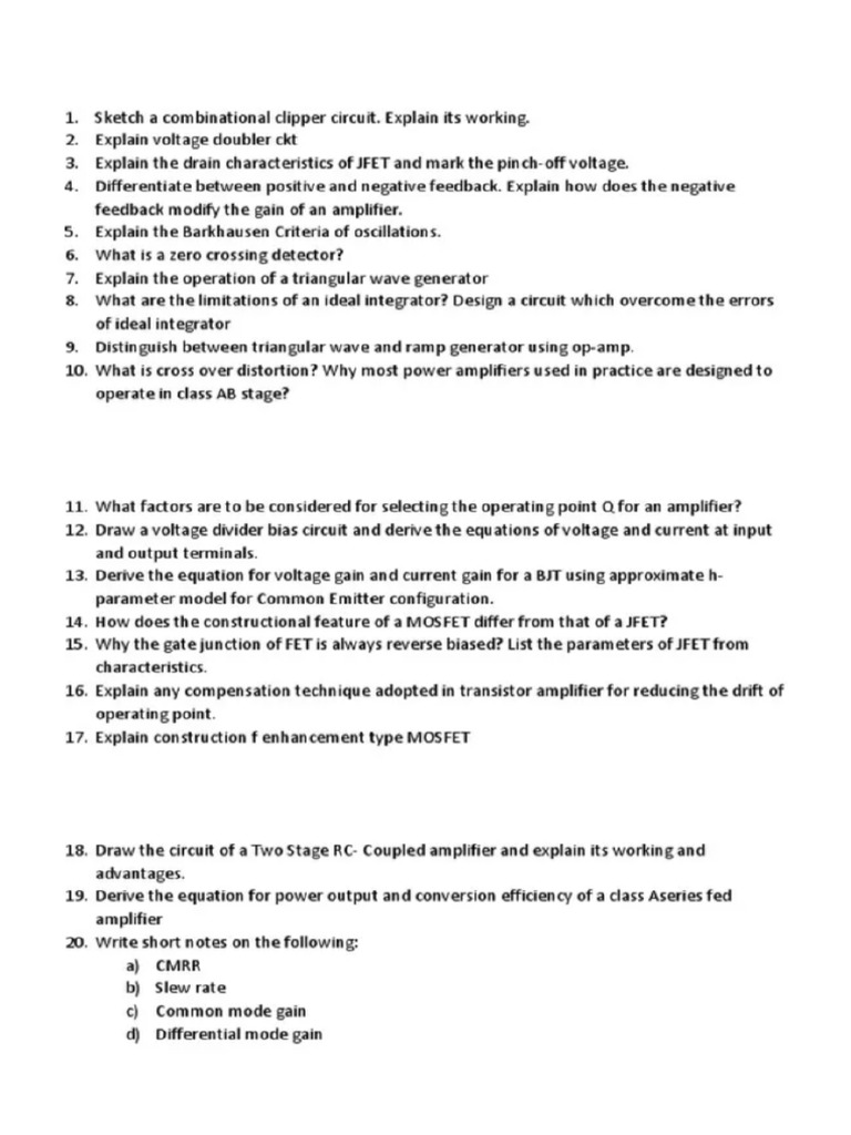 Basic Electronics Engineering Op Amp Important Questions | PDF