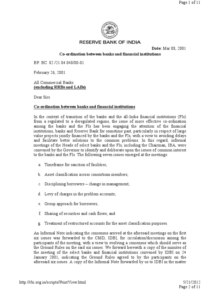 RBI Guidelines for Bank Coordination | PDF