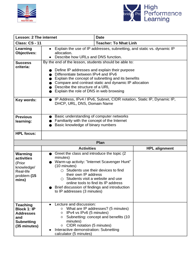 AS11 2.2 (1) The Internet HPL Lesson Plan | PDF | Ip Address | I Pv6