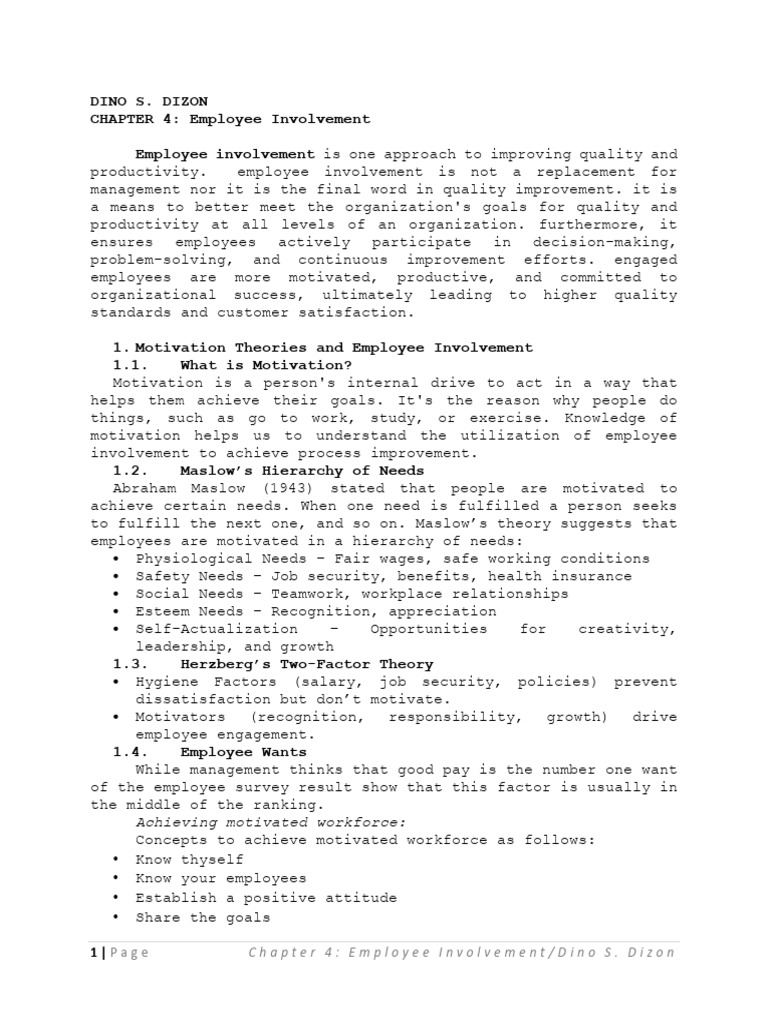 Employee Involvement Strategies for Success | PDF | Motivational ...