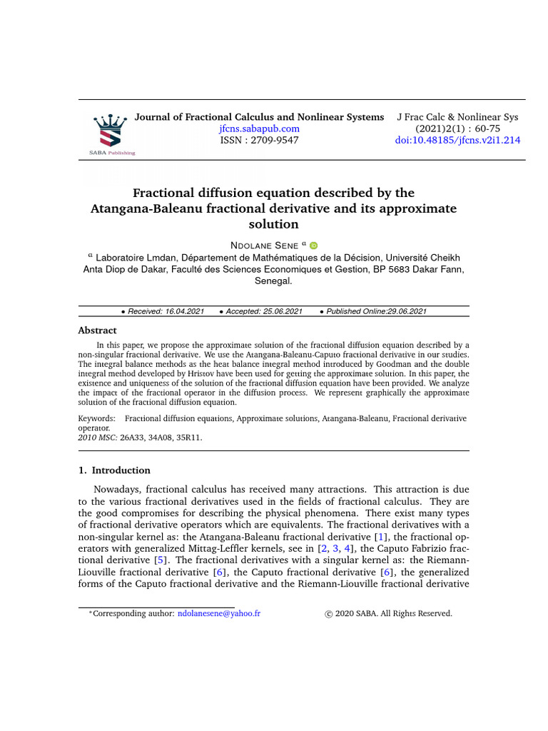 Approximate Solution of Fractional Diffusion Equation | PDF ...