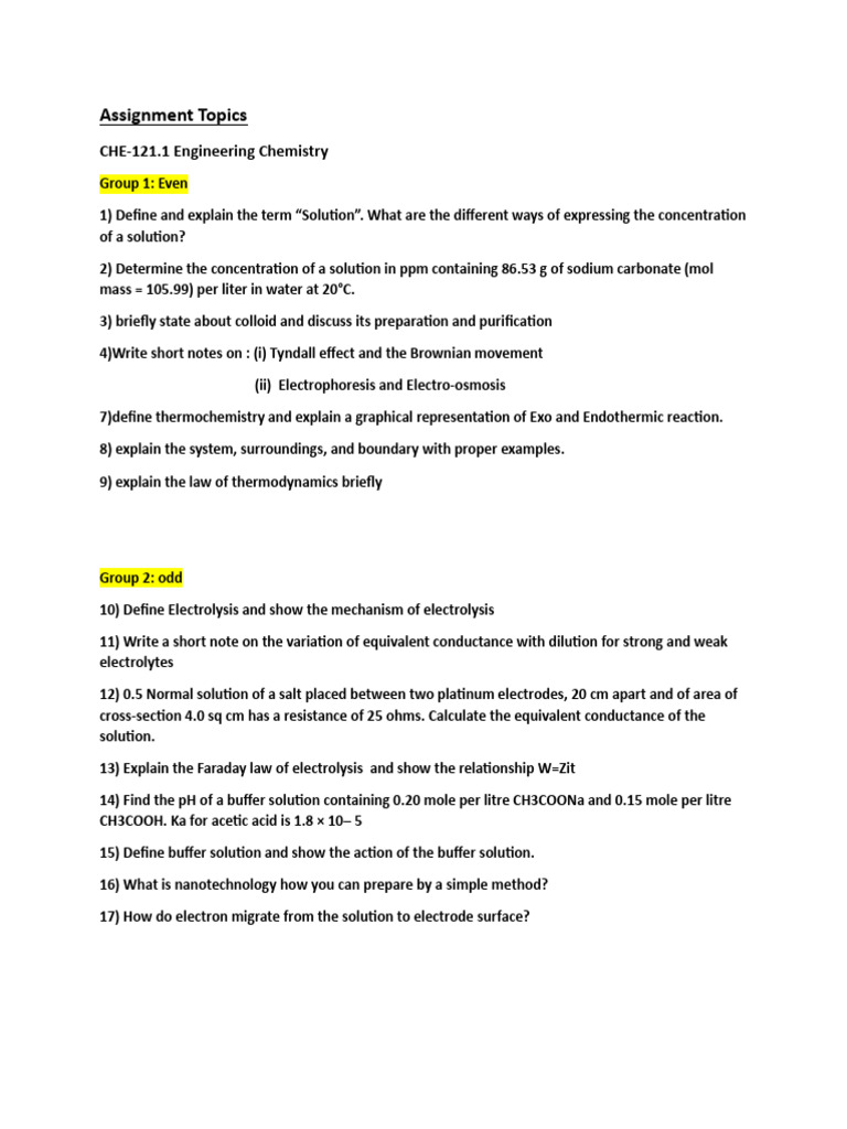 Engineering Chemistry Assignment Topics | PDF