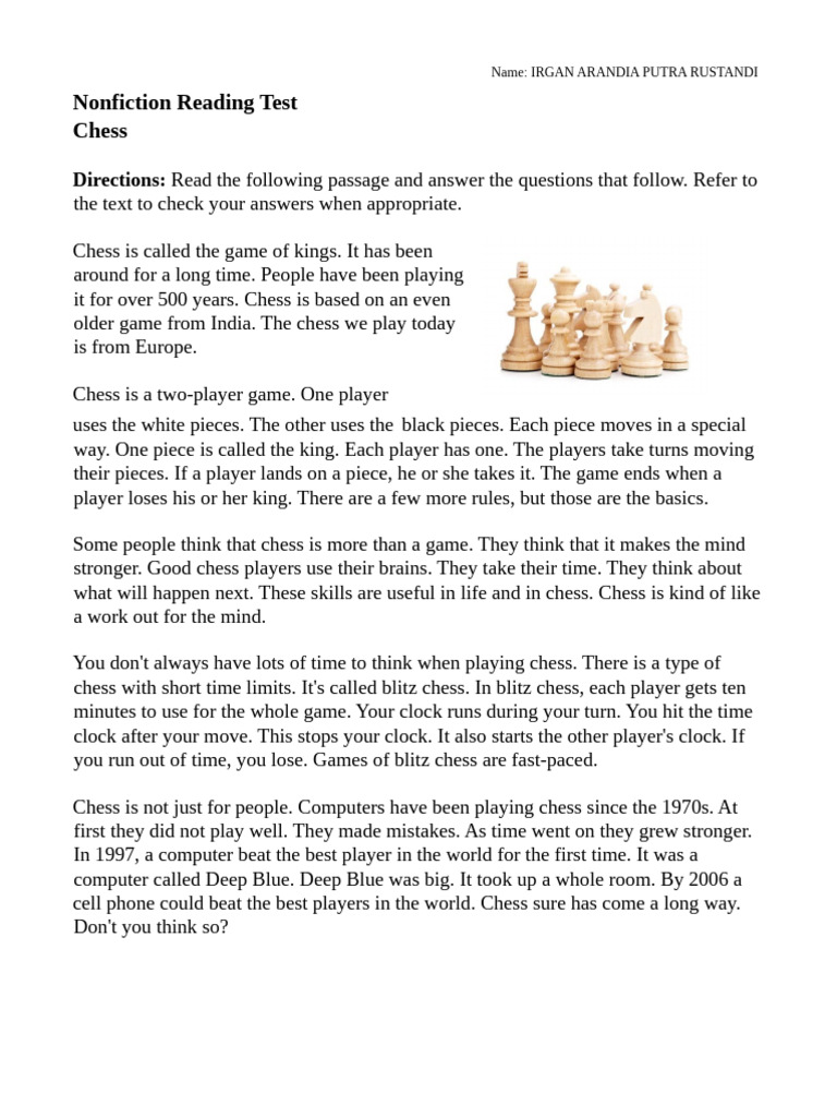 Nonfiction Reading Test Chess | PDF | Chess | Clock