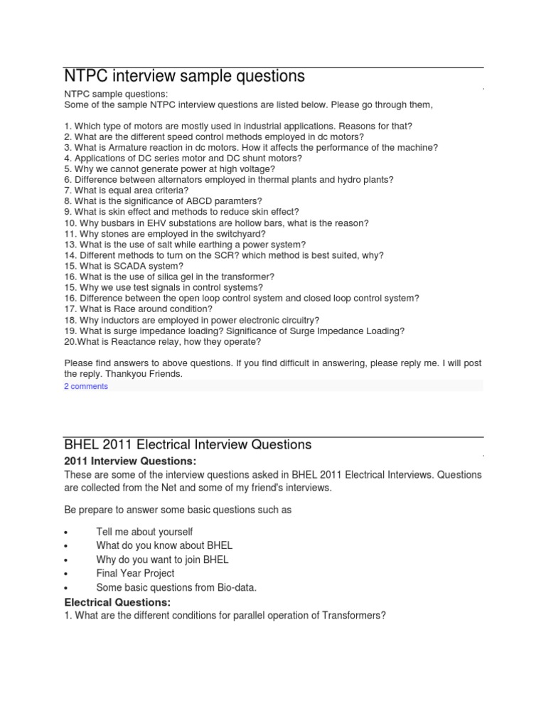 NTPC Electrical Interview Questions | PDF | Electrical Substation ...