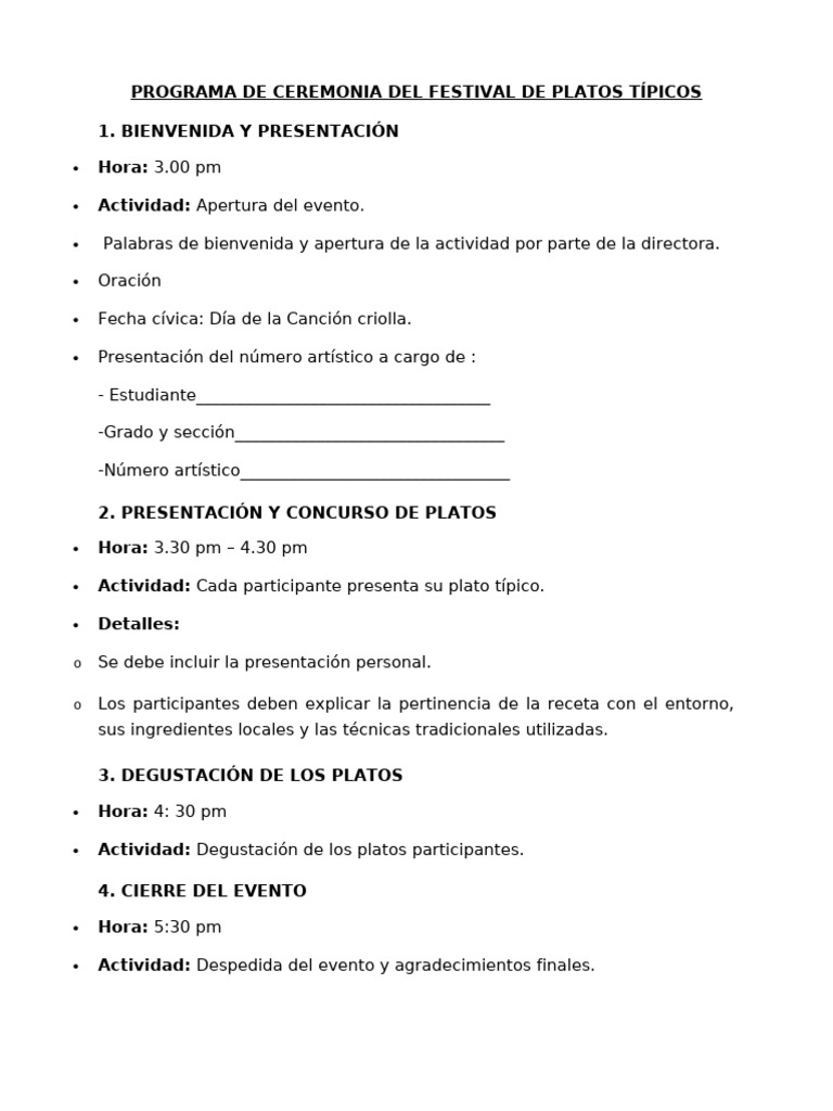 Programa de Ceremonia Del Festival de Platos Típicos | PDF | Cocina ...