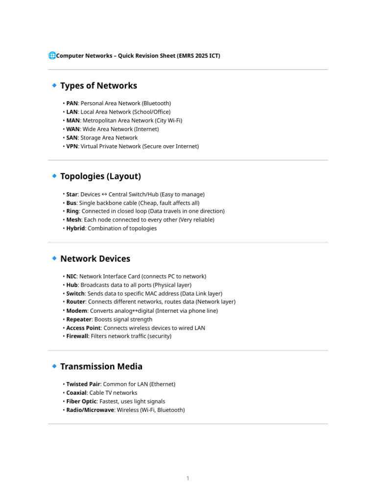 Computer Networks Quick Sheet | PDF