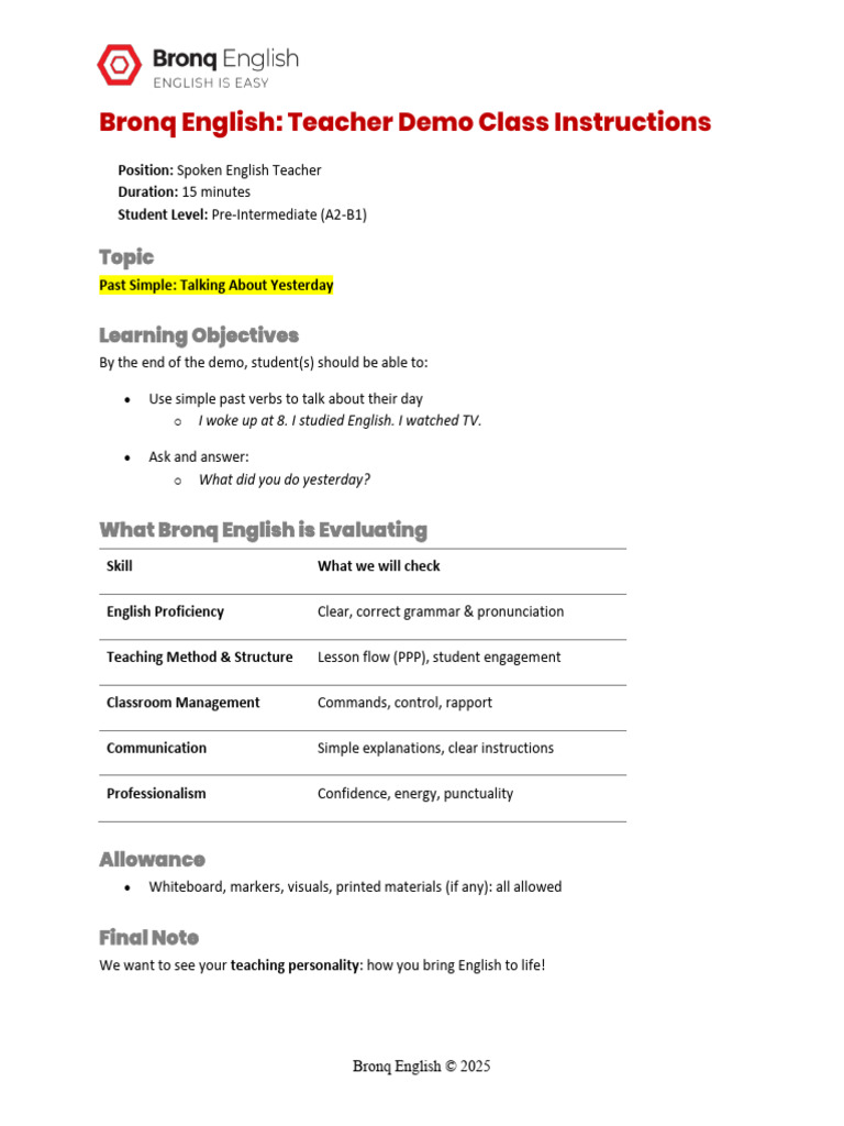 Bronq English Demo Class Instructions | PDF