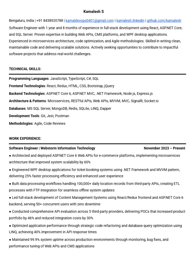 Full-Stack Developer Resume: Kamalesh S | PDF | Microsoft Sql Server ...