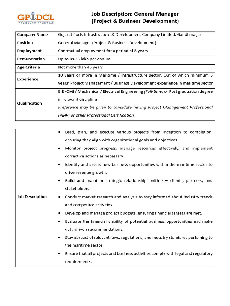 1 JD GM Project and Business Development | PDF | Project Management ...