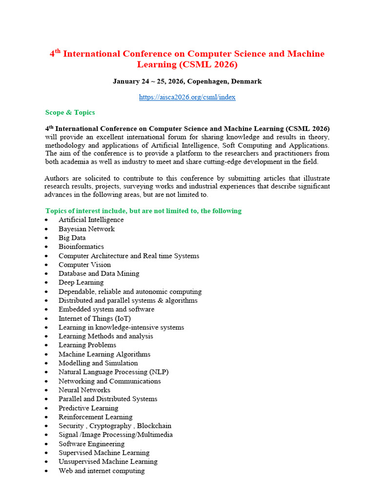 4th International Conference on Computer Science and Machine Learning ...