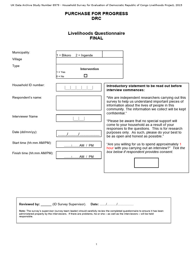 DRC Livelihoods Household Survey Form | PDF | Crops | Foods