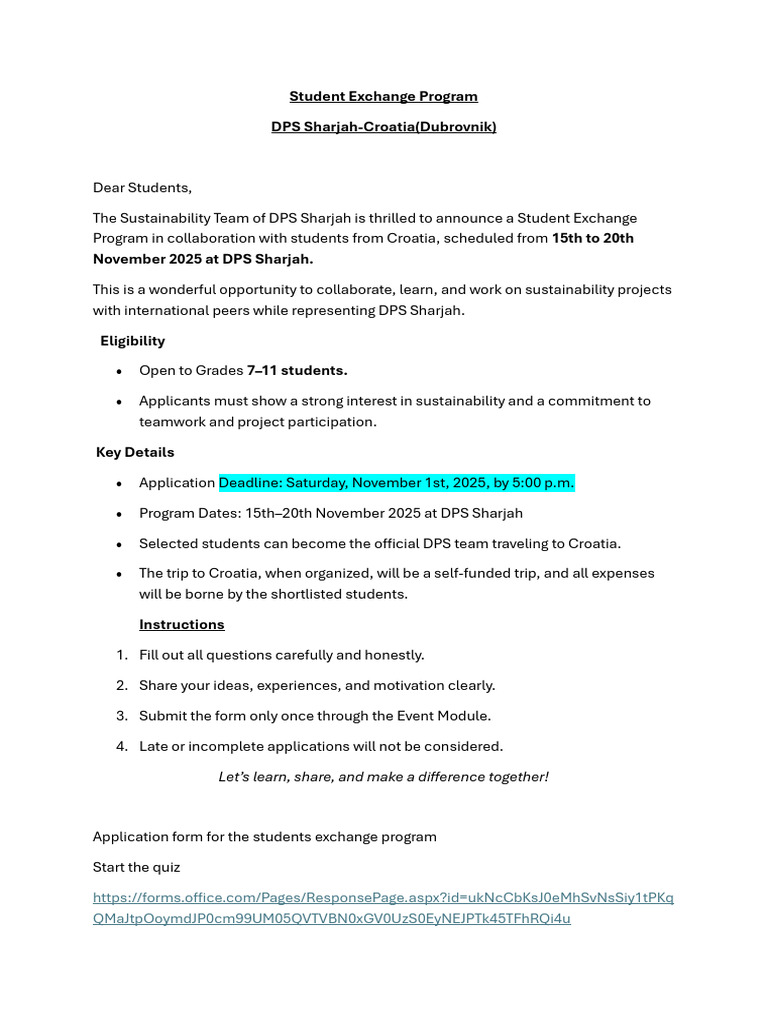 Student Exchange Program DPS Sharjah-Croatia | PDF