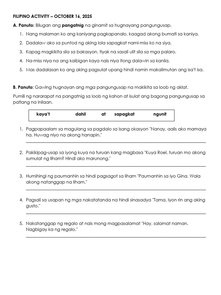 Filipino Activity-Oct 16 | PDF