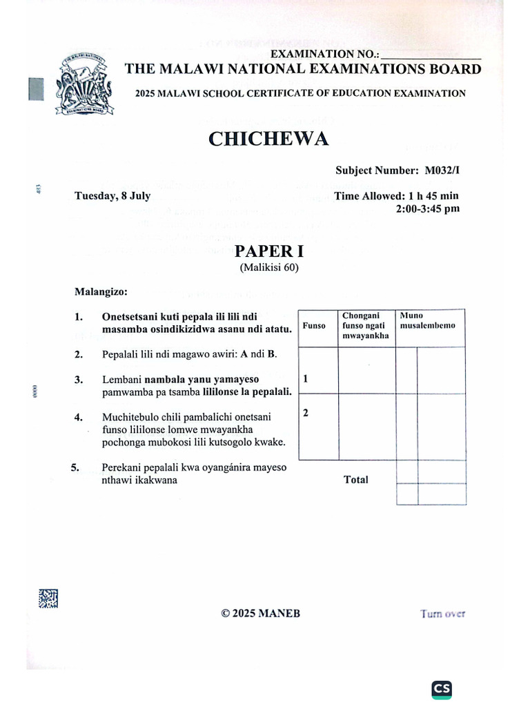 2025 Msce Chichewa Pp1 | PDF