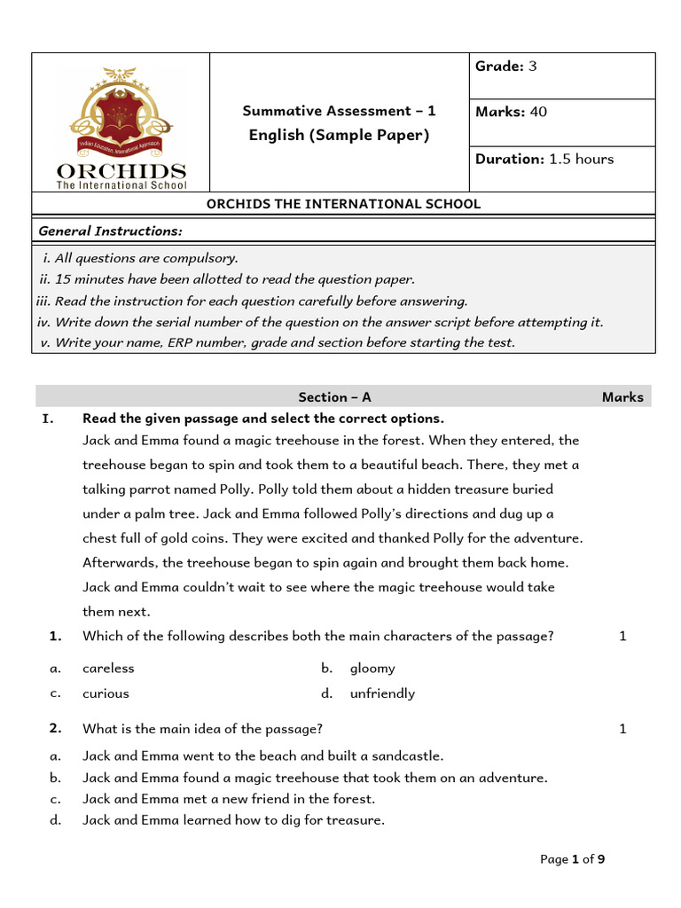 English (Sample Paper) : Grade: Marks: Duration | PDF | Frog | Grammar