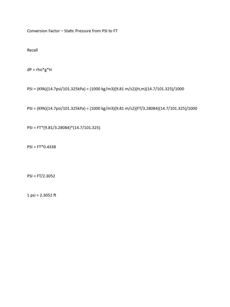 Conversion Factor - Static Pressure From PSI To FT | PDF